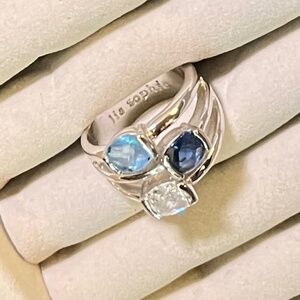 Lia Sophia "Riviera" 3 Dark Blue & Clear Stones Silver Tone Ring - size 7